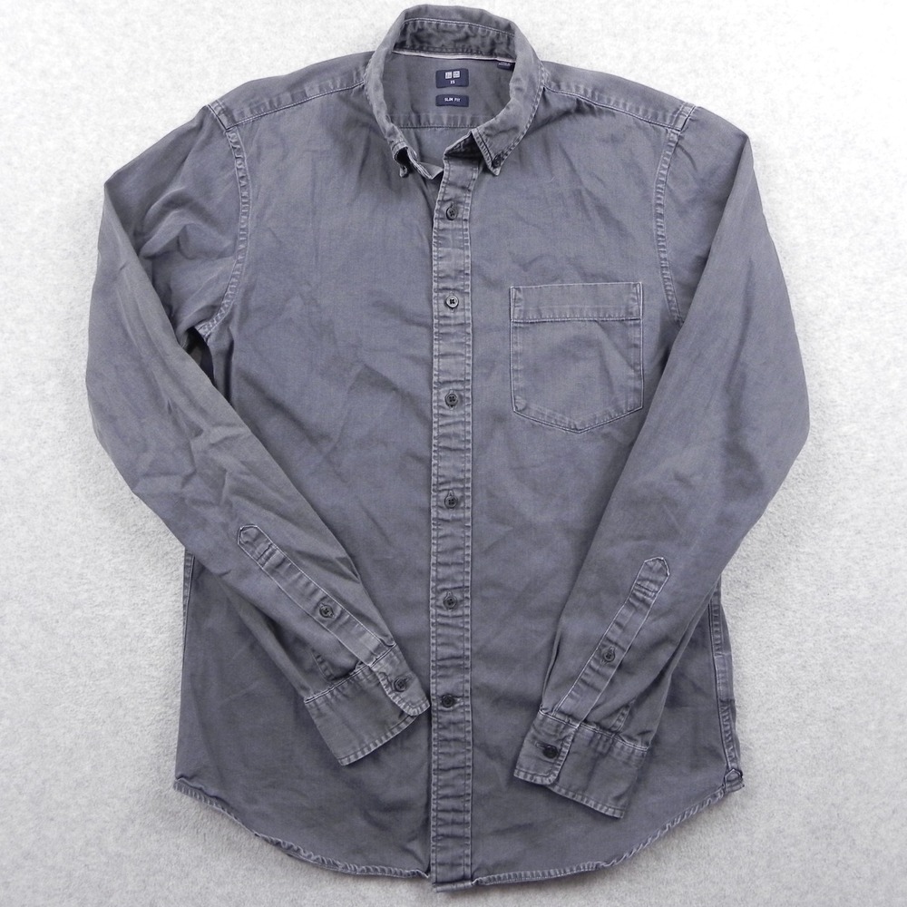 Uniqlo Shirt Mens XS Slim Fit Casual Pocket‎ Cotton Button Up Gray Long Sleeve